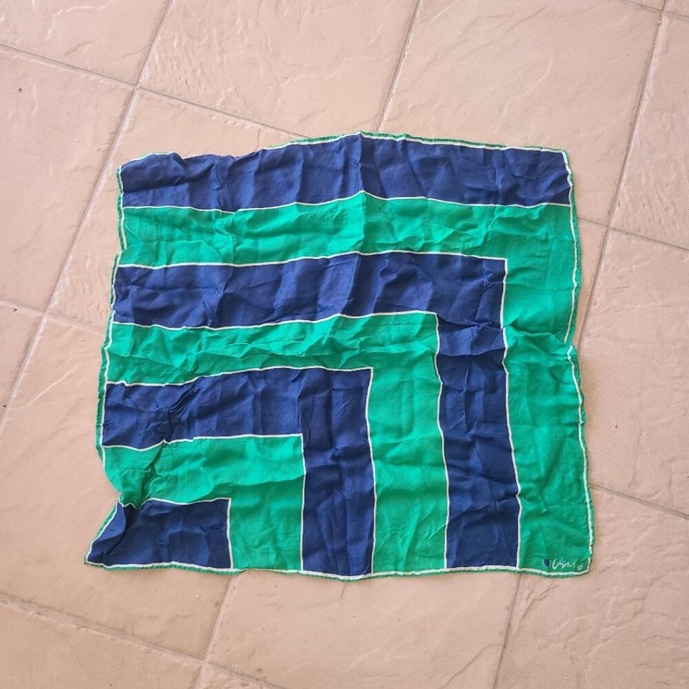 Vera Neumann Designer Vintage 1960's Blue Green Silk Geometric Scarf